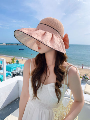 Women Summer Sun Hat With Wave Trim Bowknot